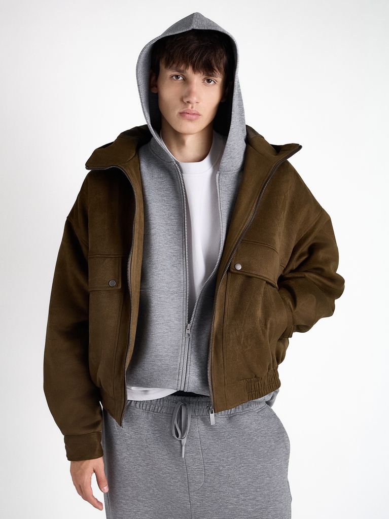 SUEDE-EFFECT BOMBER JACKET WITH HOOD - view 1
