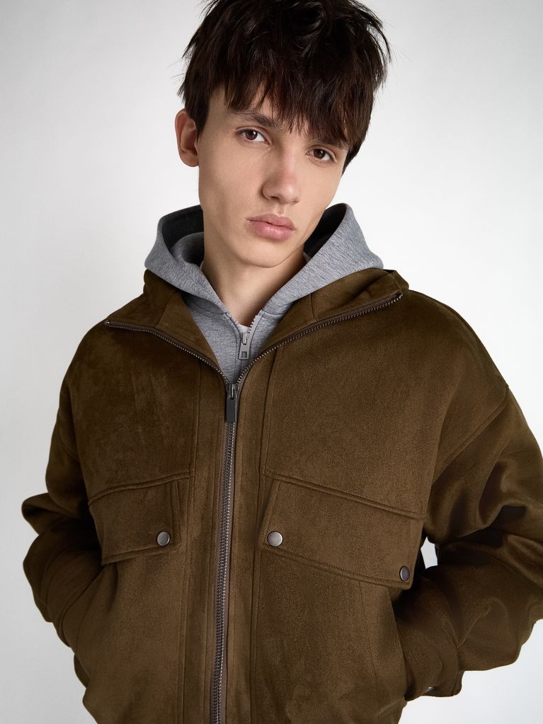 SUEDE-EFFECT BOMBER JACKET WITH HOOD - view 4